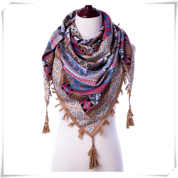 Accessories - Boho square scarf with tassels in khaki NWOT